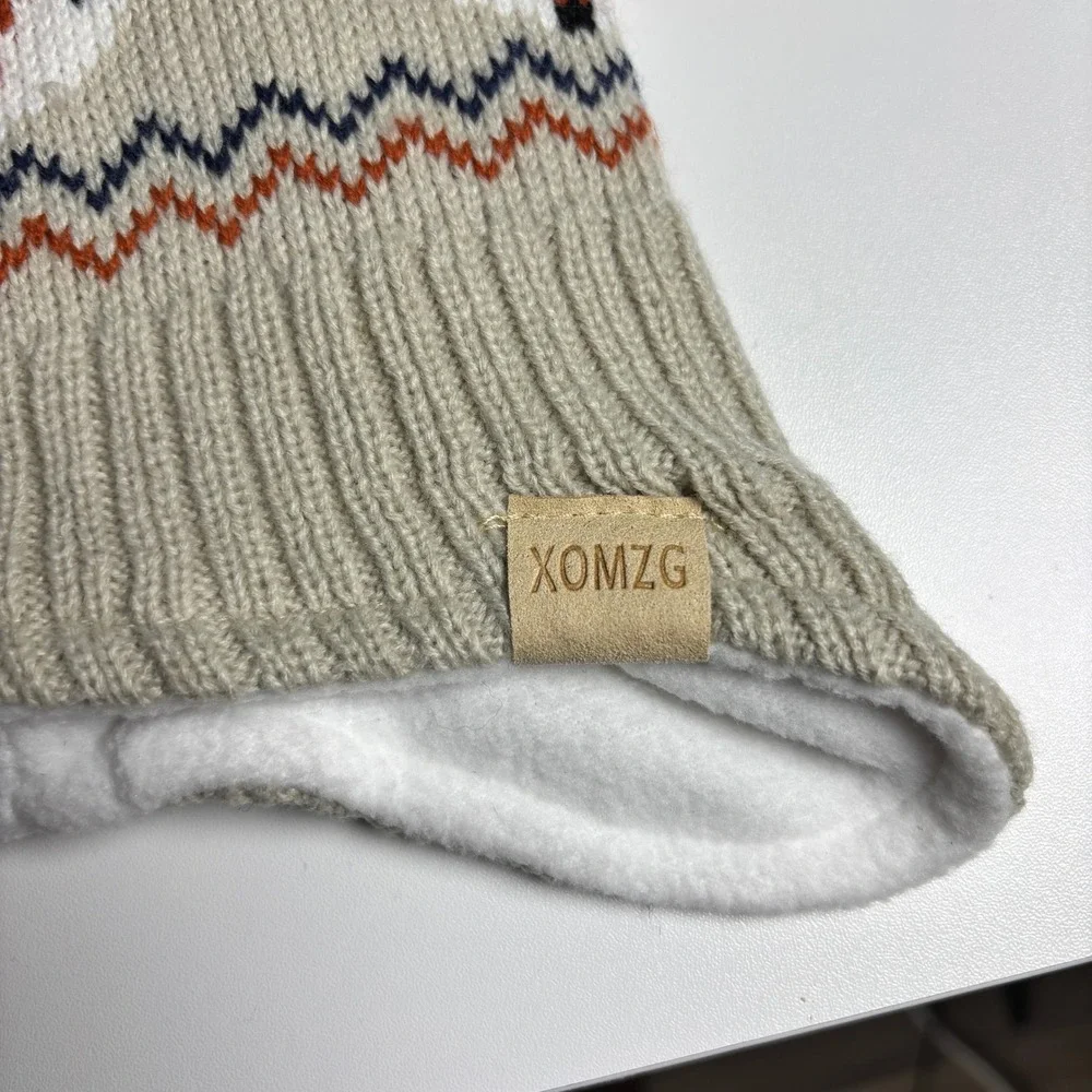 XOMZG Fox Fair‎ Isle Knit Beanie Fleece Lined Earflap Pom Pom Winter Hat Beige